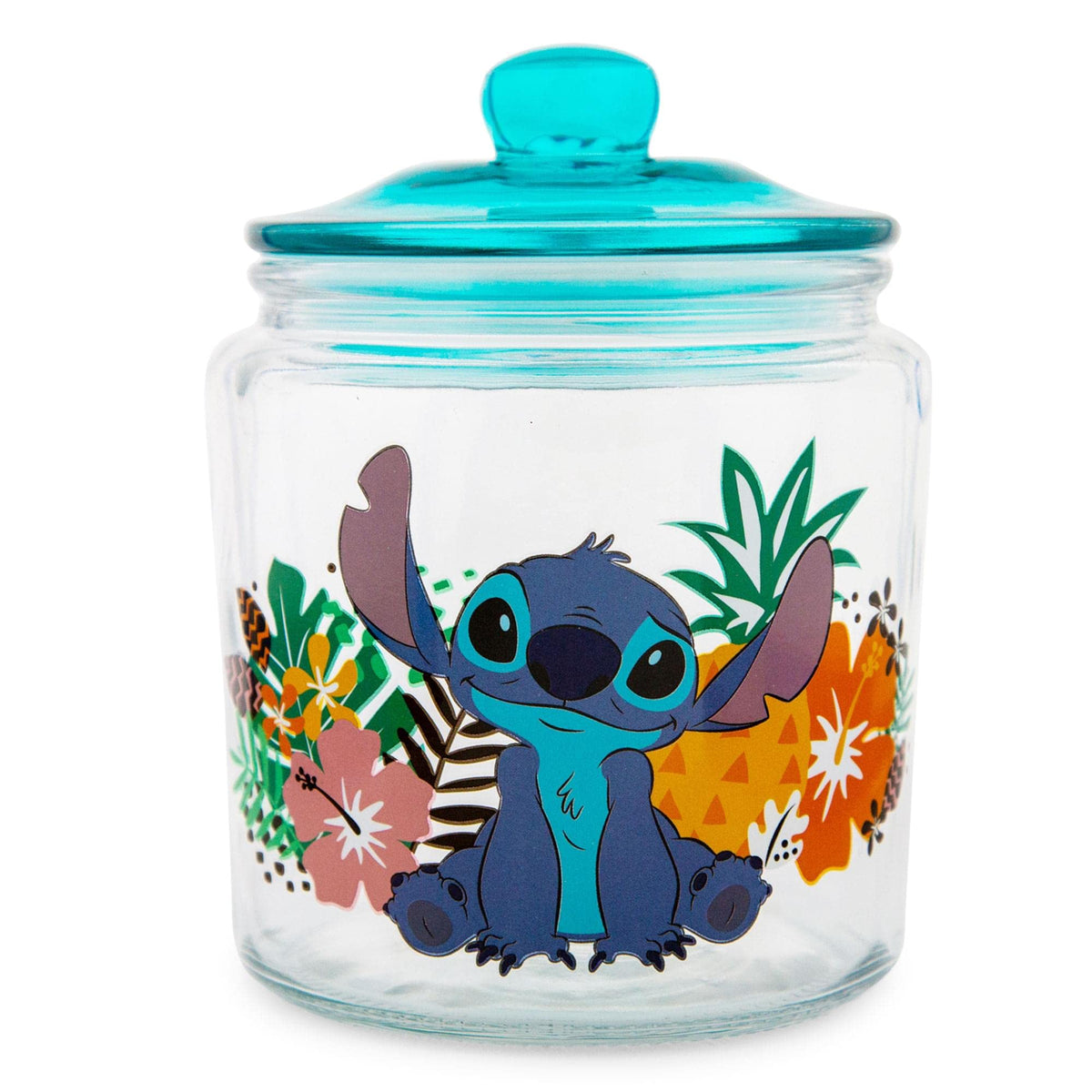 Silver Buffalo Disney Lilo & Stitch tropical glass snack jar with clear body and blue lid for fresh snacks.