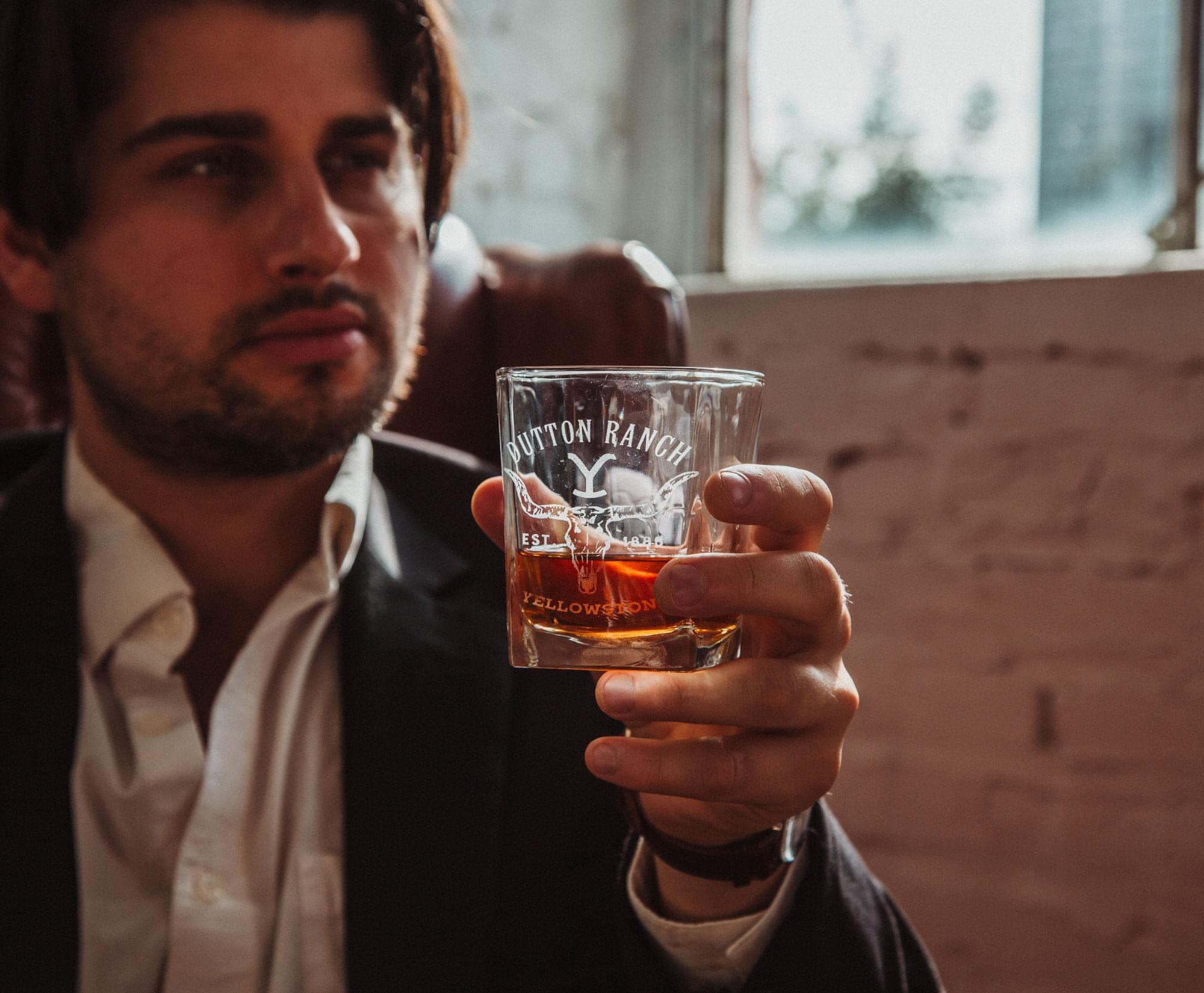 Silver Buffalo Dutton Ranch glass on home bar, perfect mood setter.
