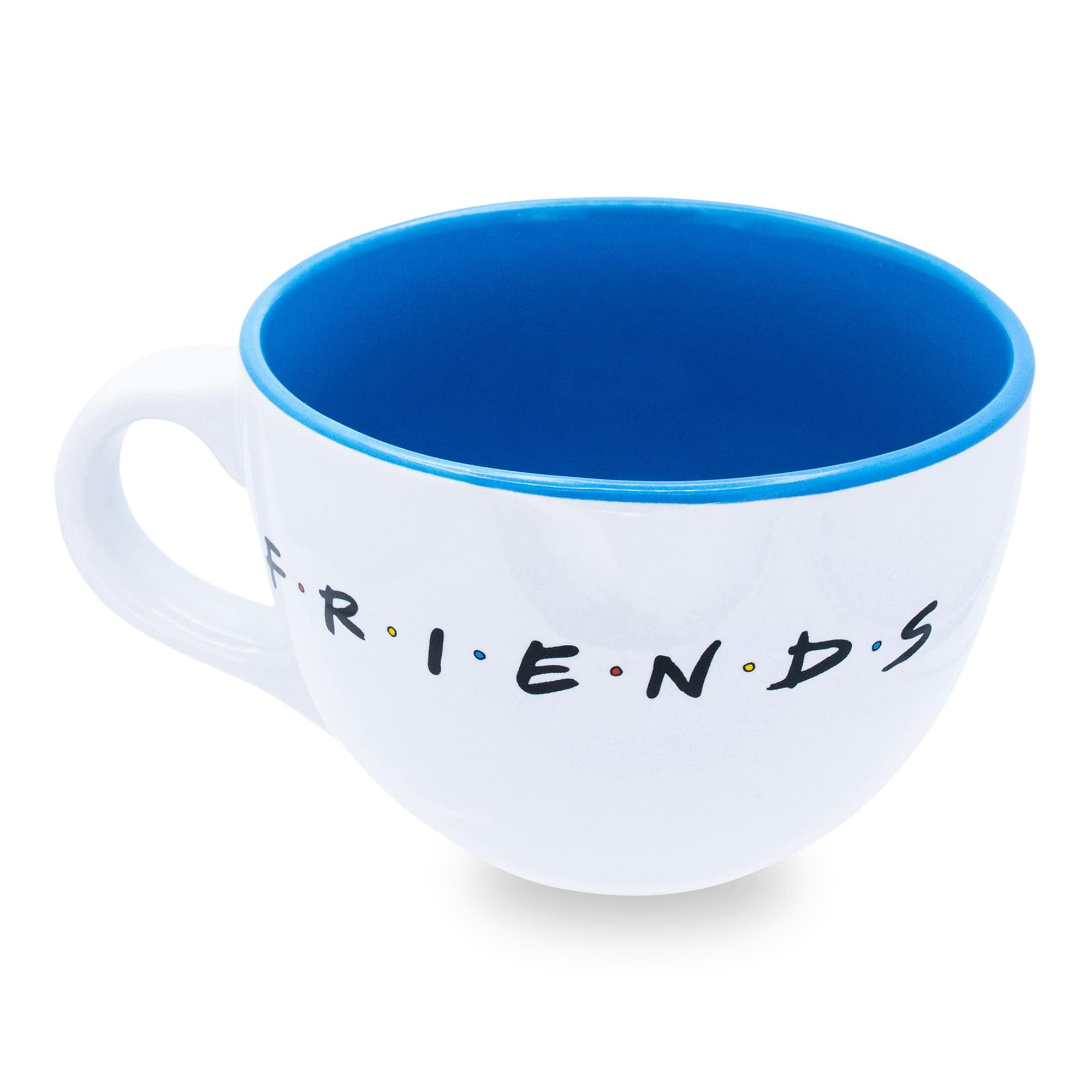 Silver Buffalo Friends logo closeup on durable ceramic mug for branding clarity.