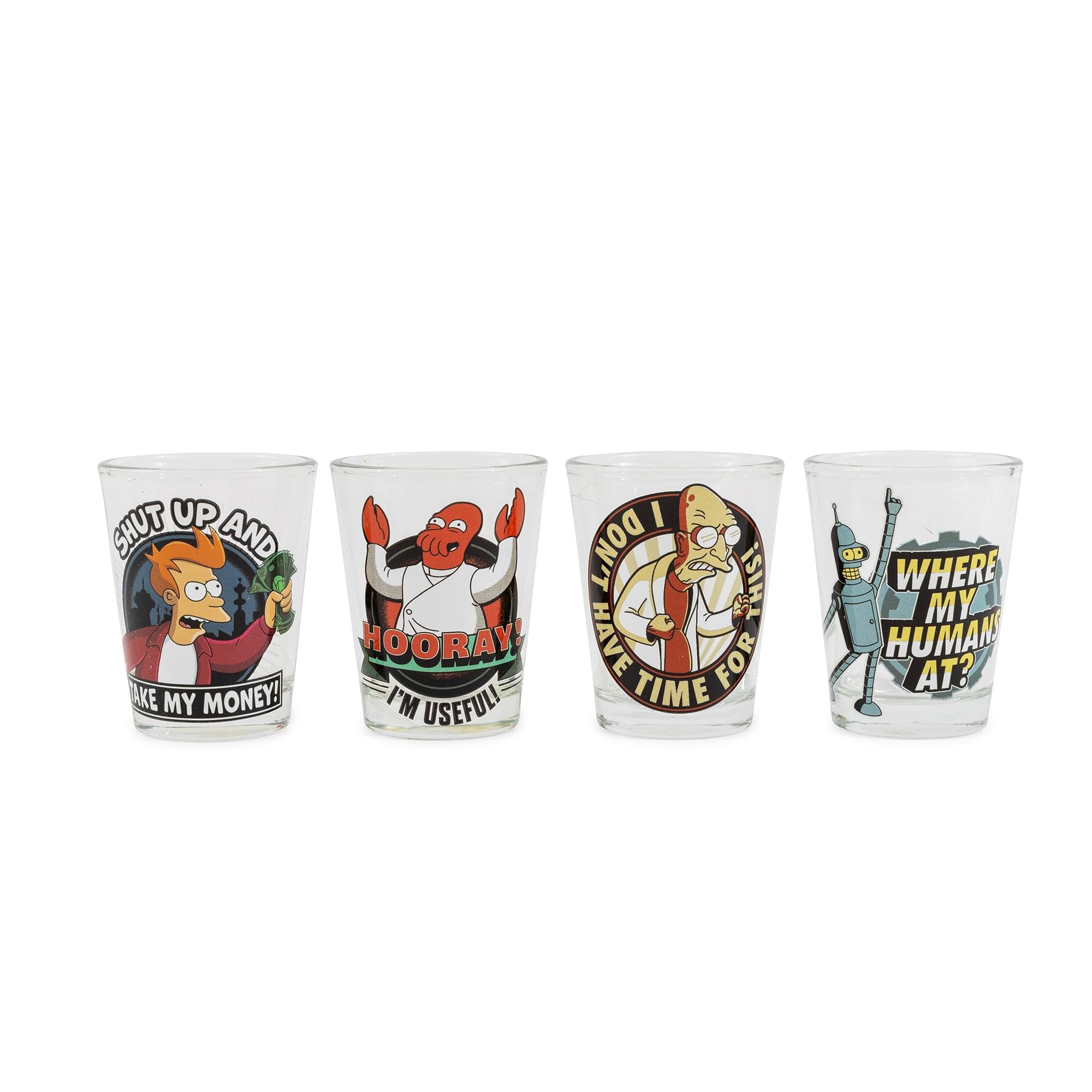 Silver Buffalo Futurama Bender shot glass with Where My Humans At quote for playful toasts.