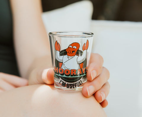 Silver Buffalo Planet Express crew shot glass enhances themed game nights.