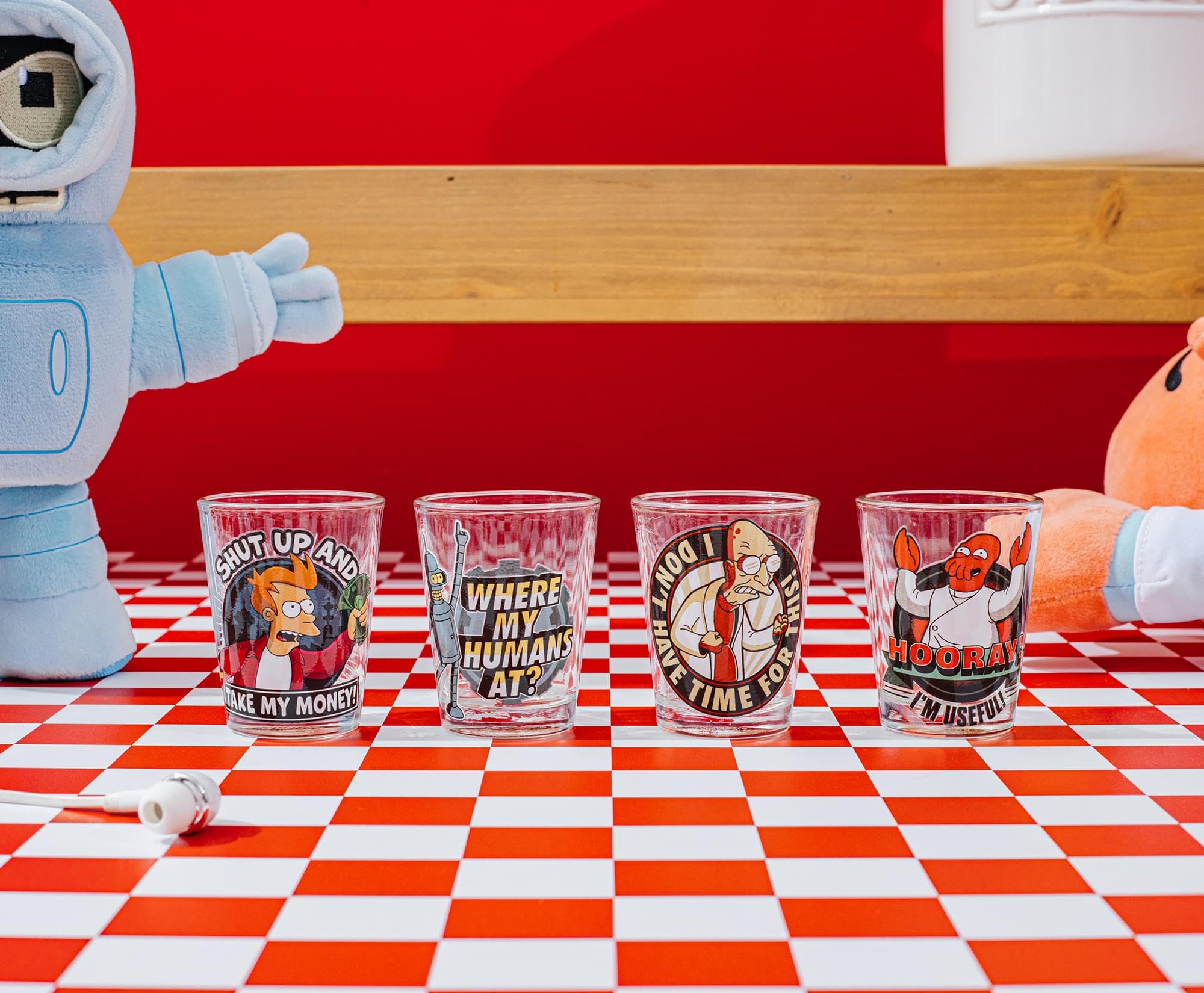 Silver Buffalo Professor Farnsworth shot glass with sci-fi flair for home bars.