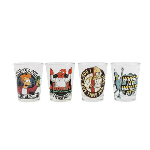 Silver Buffalo Futurama shot glasses collection featuring characters for entertaining.