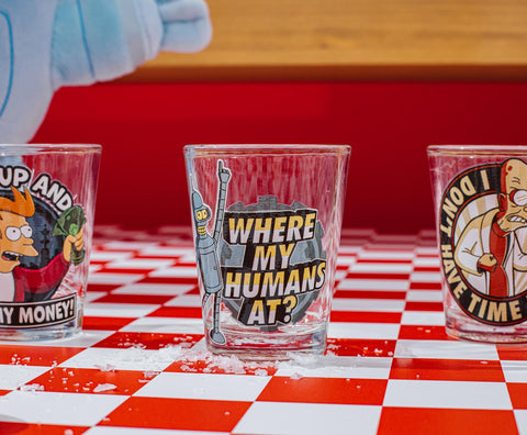 Silver Buffalo Slurm-inspired shot glass complements party toasts.