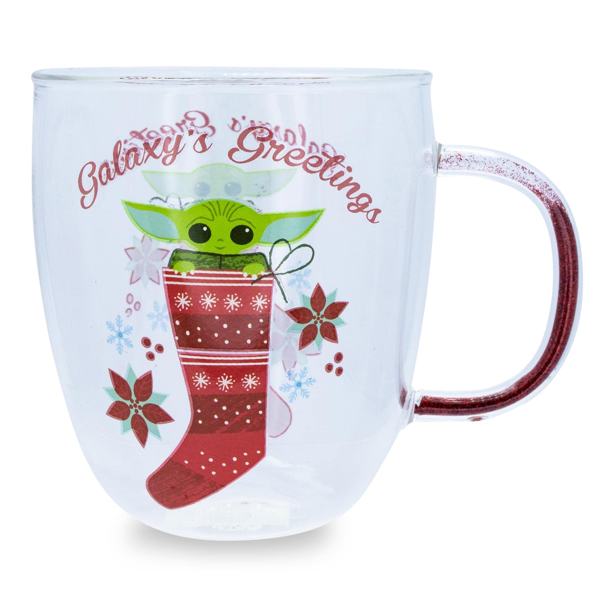 Silver Buffalo Mandalorian mug with Grogu peeking from a stocking, perfect for Star Wars fans.