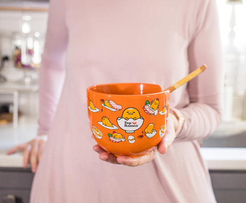 Close-up of Gudetama design on the bowl for kawaii table appeal