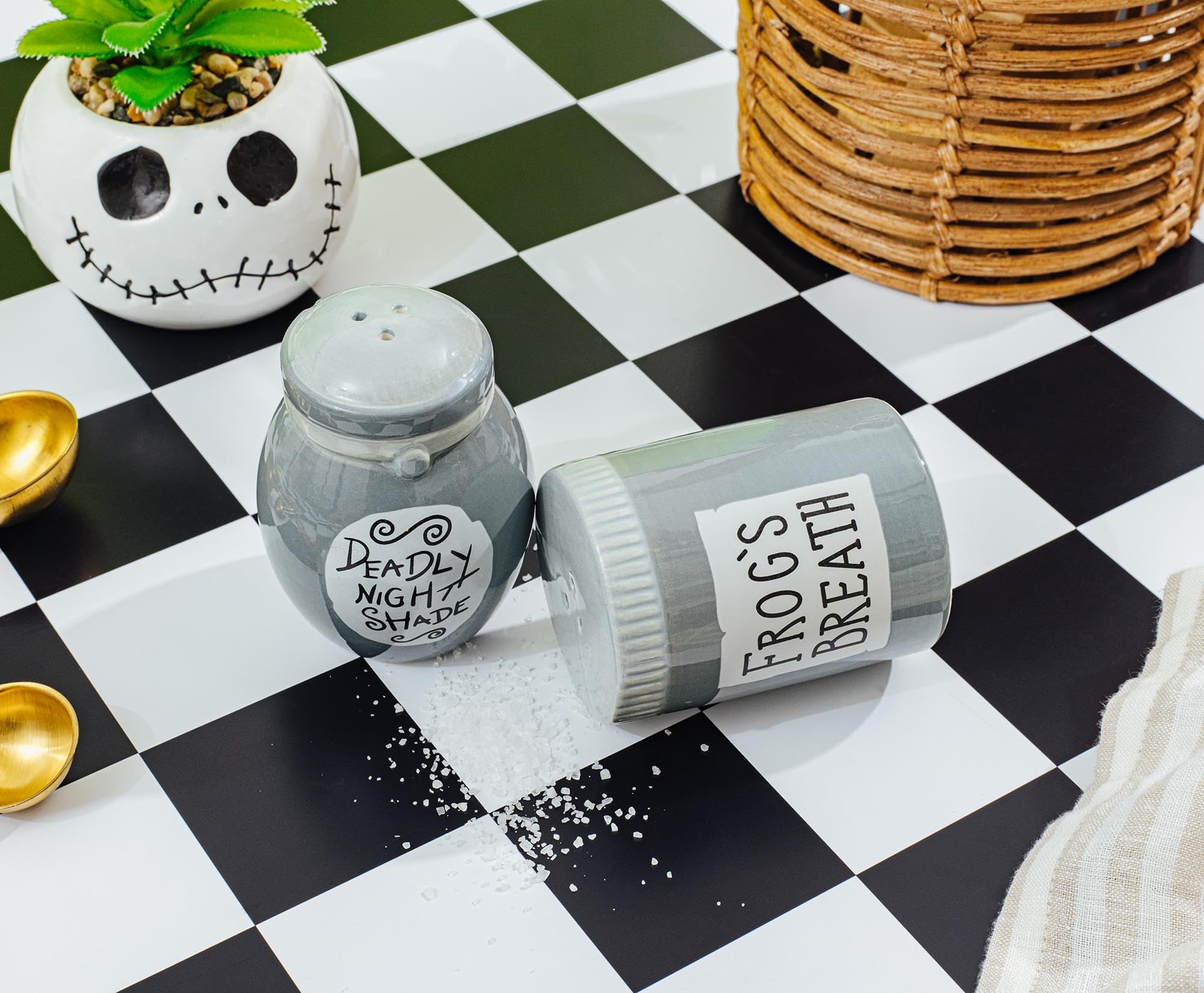 Silver Buffalo jars offer functional seasoning with spooky charm at meals.