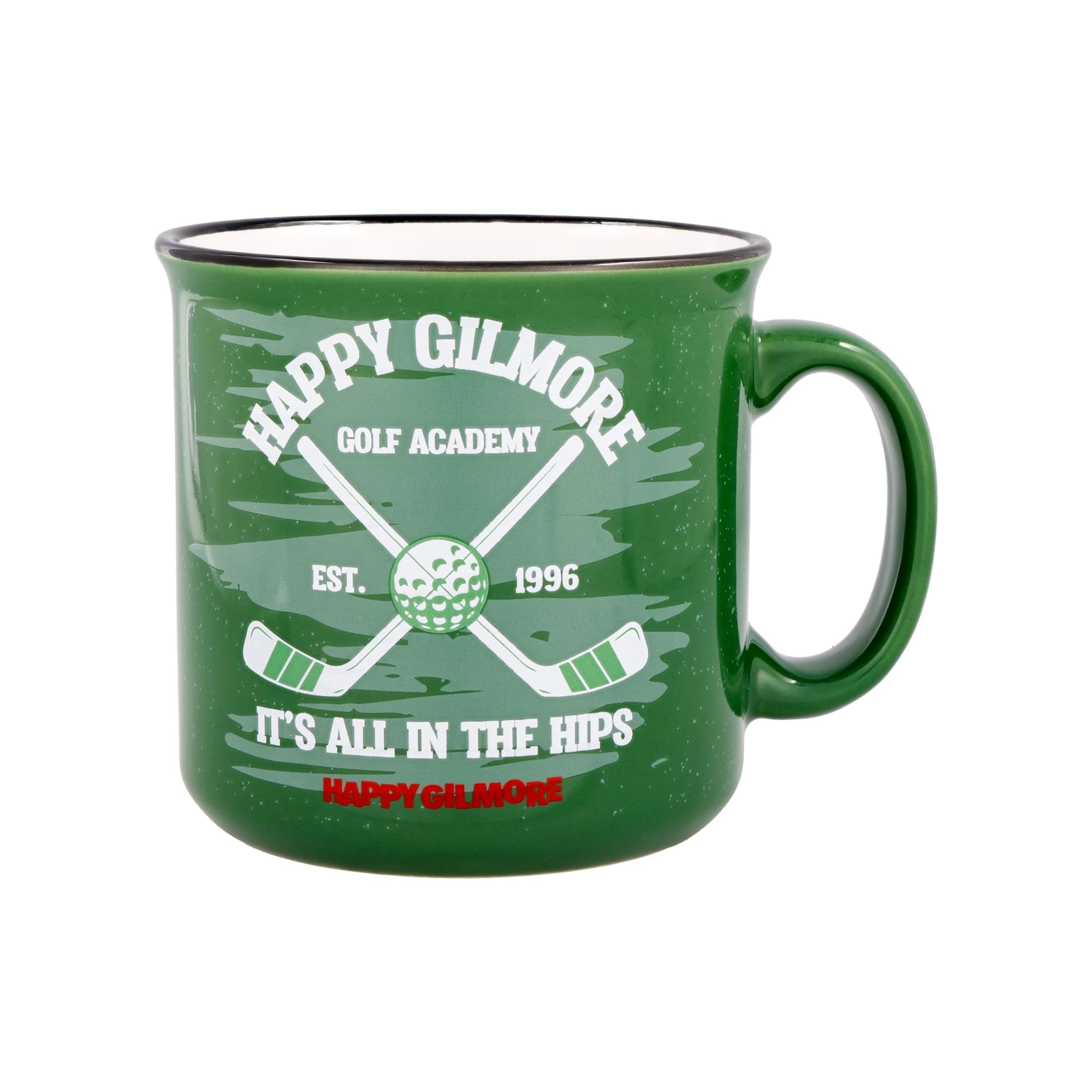 Silver Buffalo Happy Gilmore mug with green rim and dual-sided design for coffee or tea.