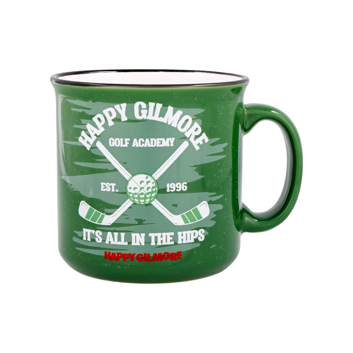 Silver Buffalo Happy Gilmore mug with green rim and dual-sided design for coffee or tea.
