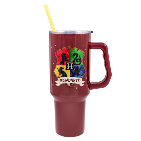 Silver Buffalo Harry Potter handle tumbler suited for road trips