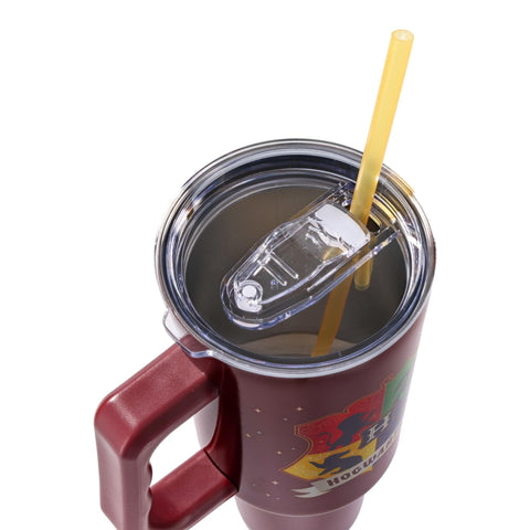 Silver Buffalo Harry Potter tumbler with secure lid for spill-free travel