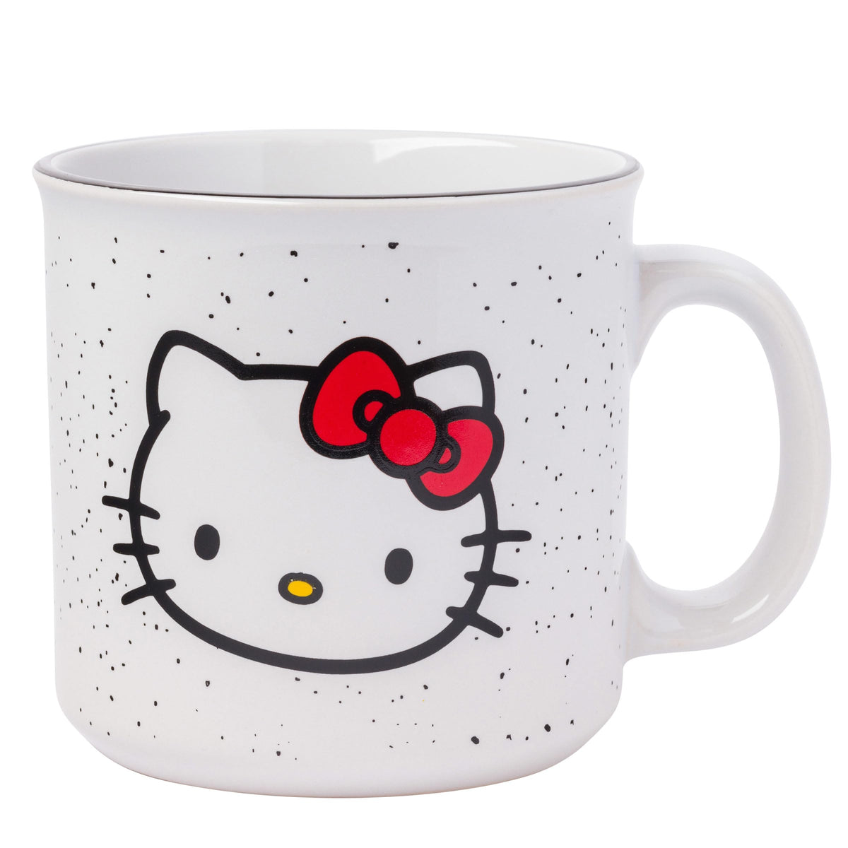 Silver Buffalo Hello Kitty camper mug front view, ideal for hot coffee