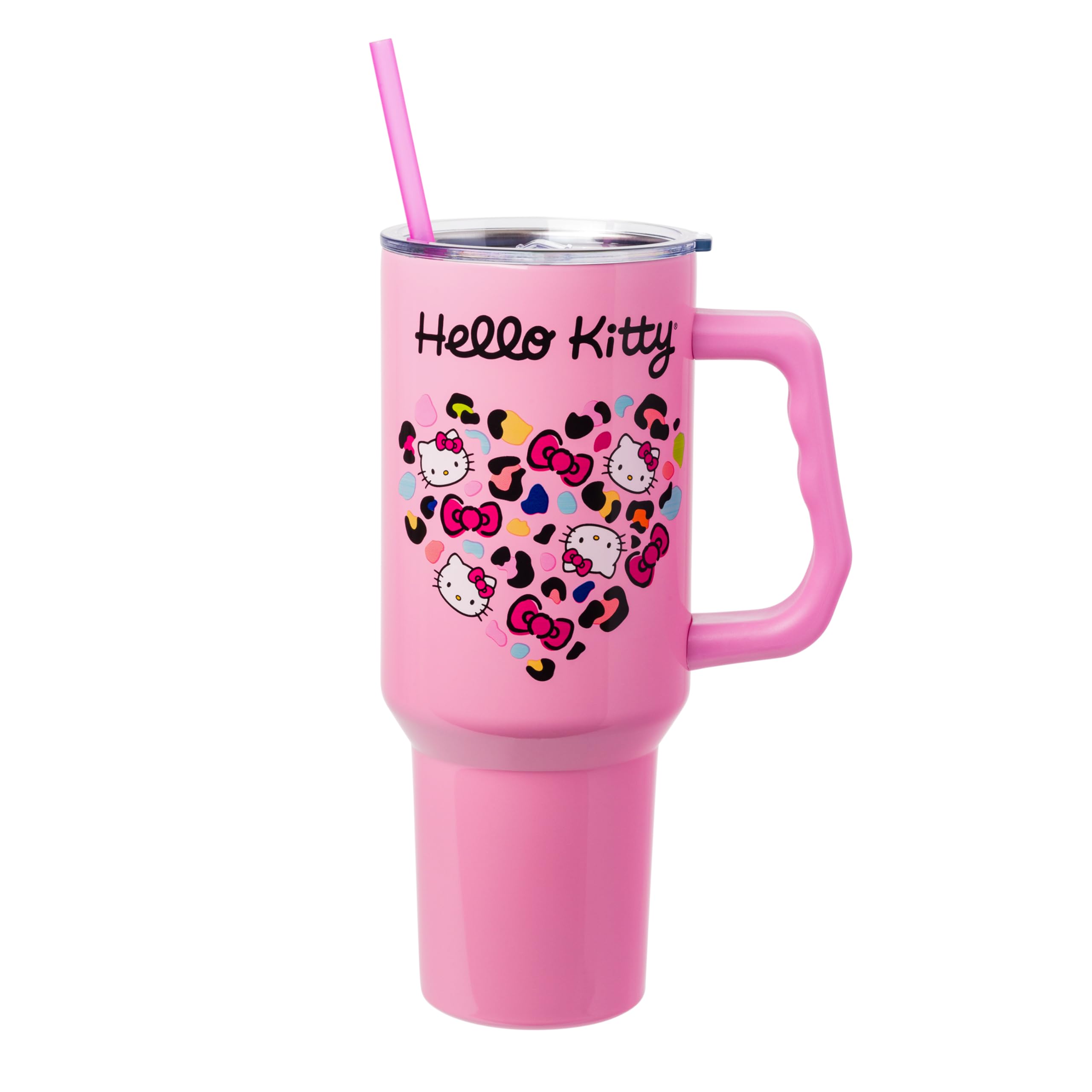 Silver Buffalo Hello Kitty cheetah heart tumbler with 40-ounce capacity for on-the-go hydration.
