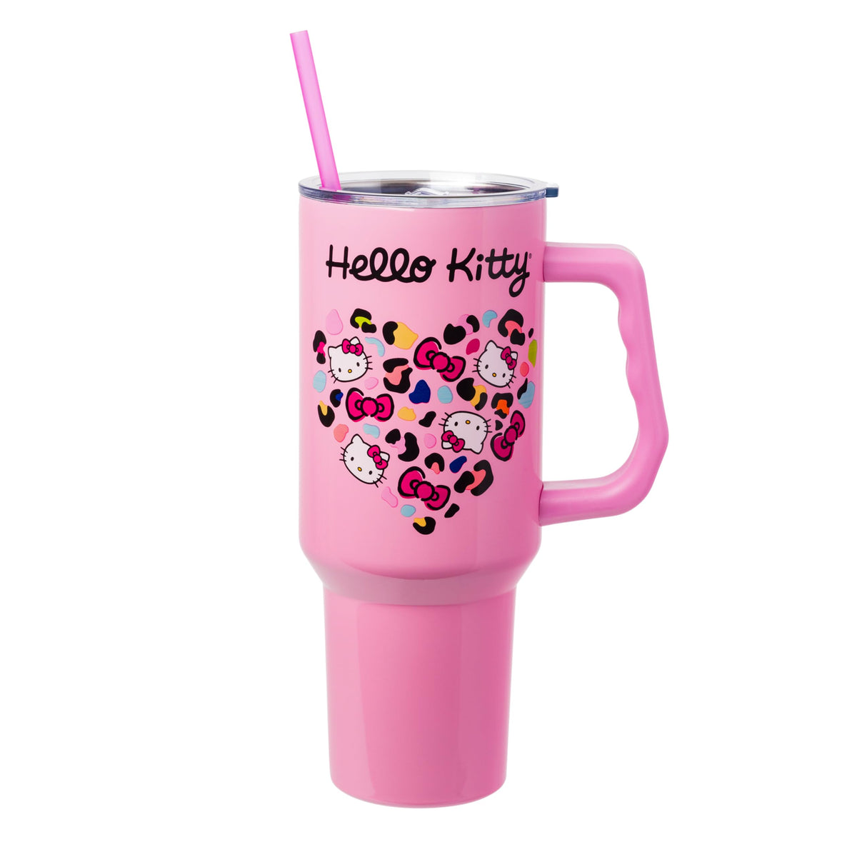 Silver Buffalo Hello Kitty cheetah heart tumbler with 40-ounce capacity for on-the-go hydration.