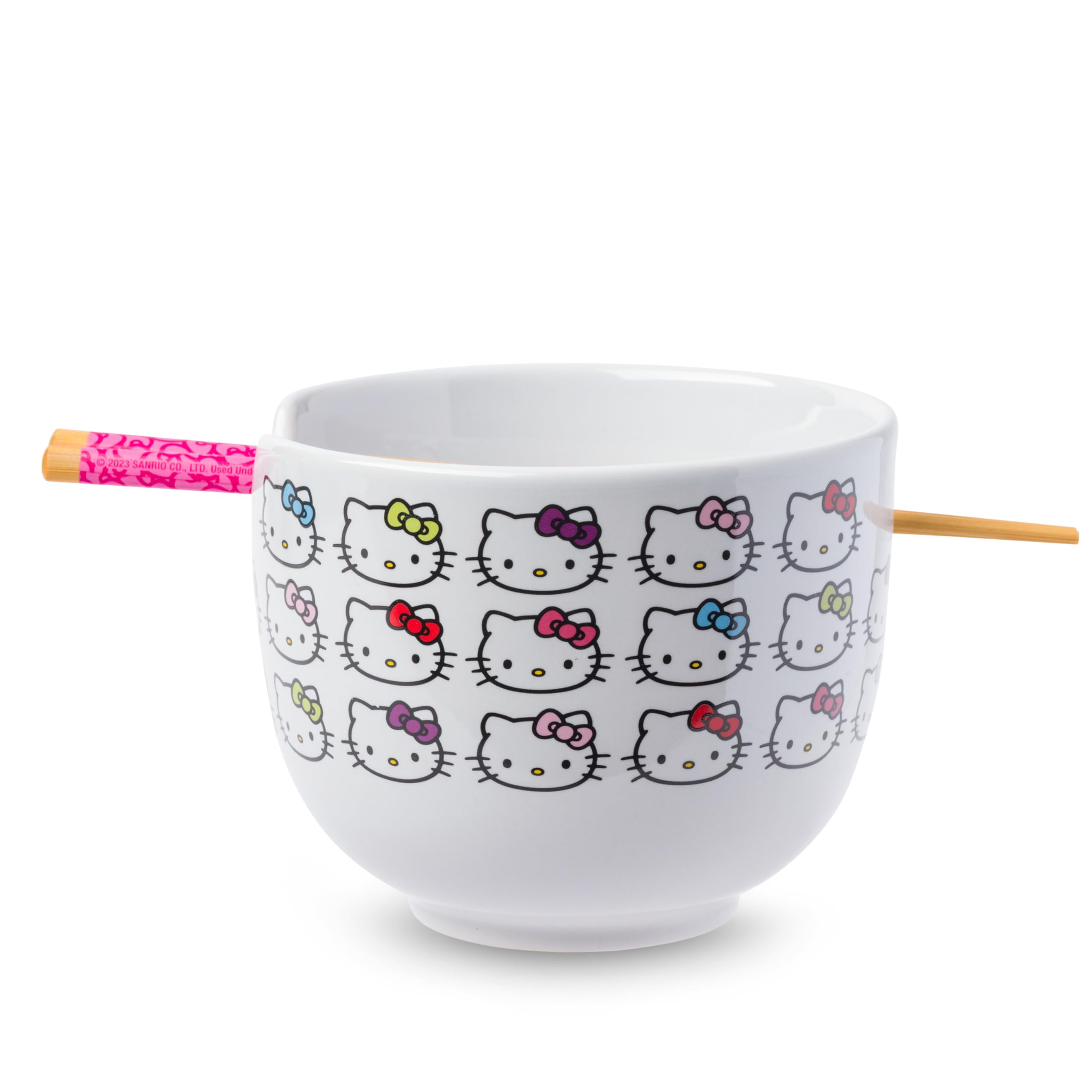 Silver Buffalo Hello Kitty face with colorful bows on ramen bowl, ideal for ramen or soup