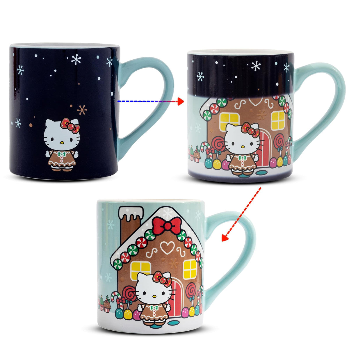 Silver Buffalo Hello Kitty gingerbread house heat reveal mug with cozy holiday surprise.