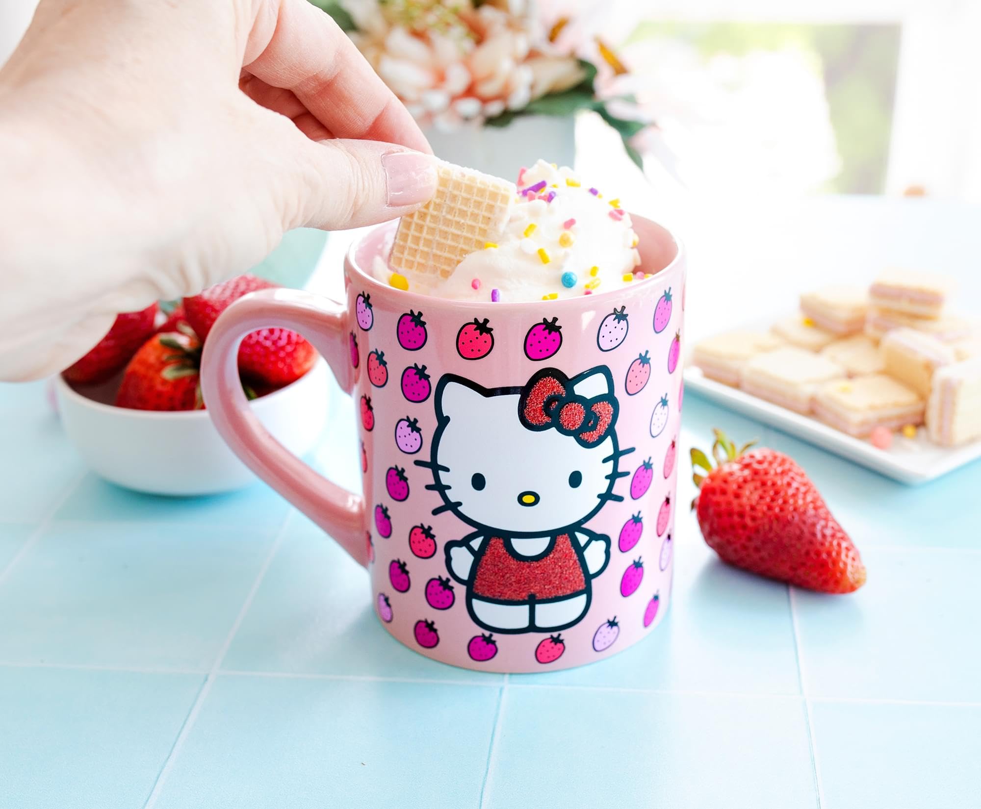 Silver Buffalo Hello Kitty mug microwave-safe note, convenient for hot drinks.