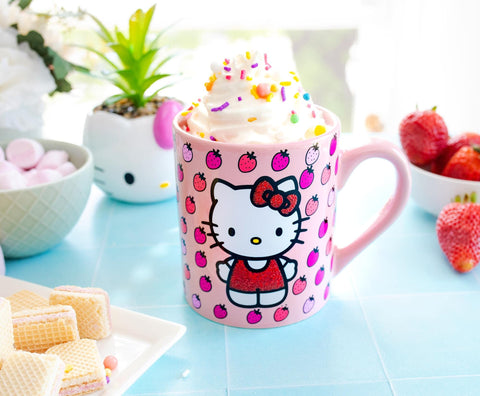 Silver Buffalo Hello Kitty mug on pink background, bright everyday use.