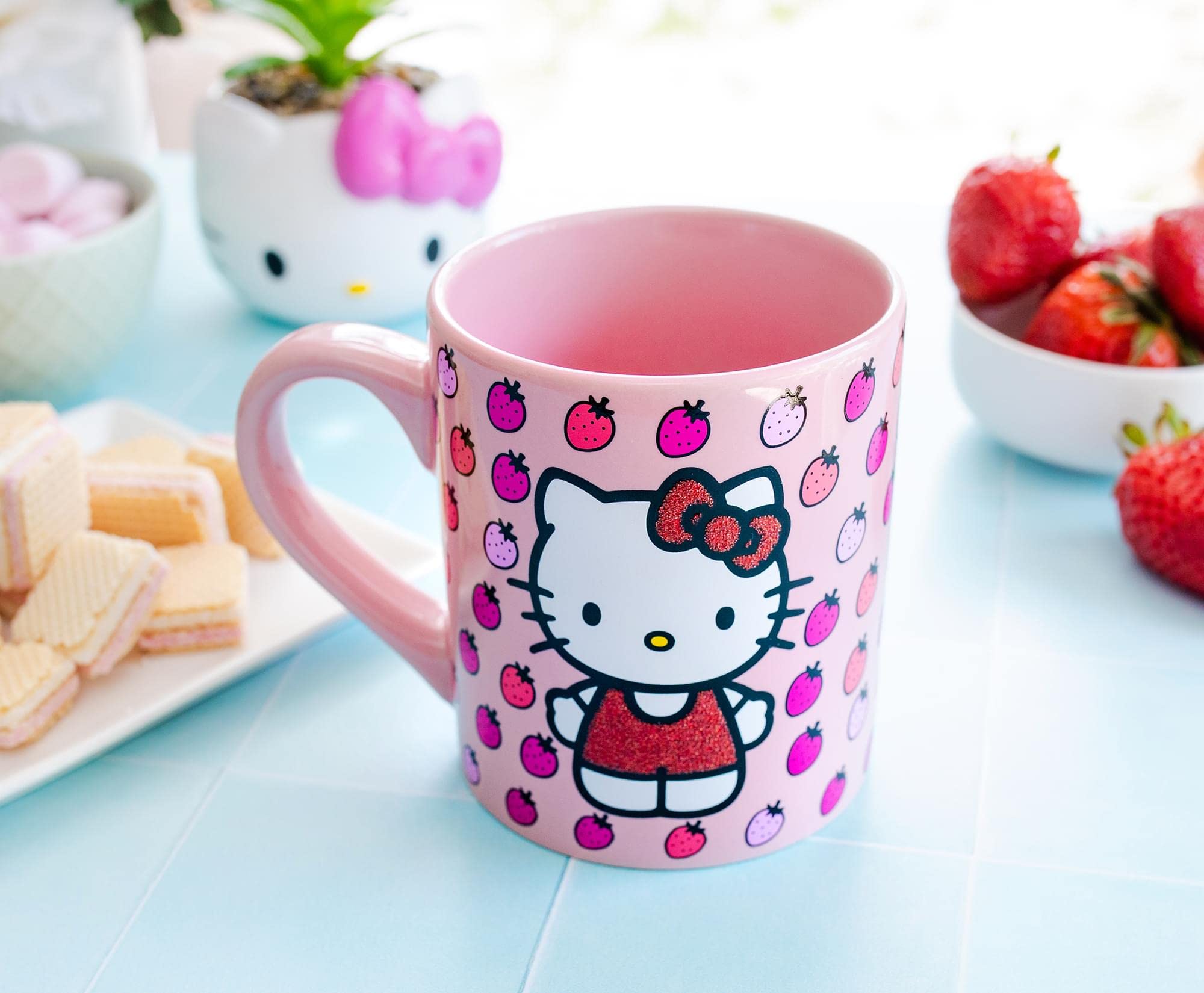 Silver Buffalo Hello Kitty mug side view, comfortable grip for tea.