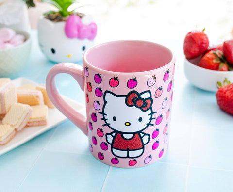 Silver Buffalo Hello Kitty mug side view, comfortable grip for tea.