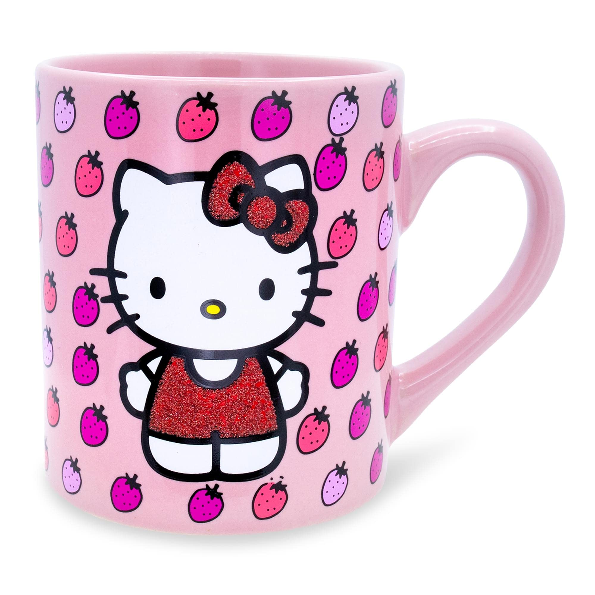 Silver Buffalo Hello Kitty mug with red glitter dress; ideal for daily coffee.