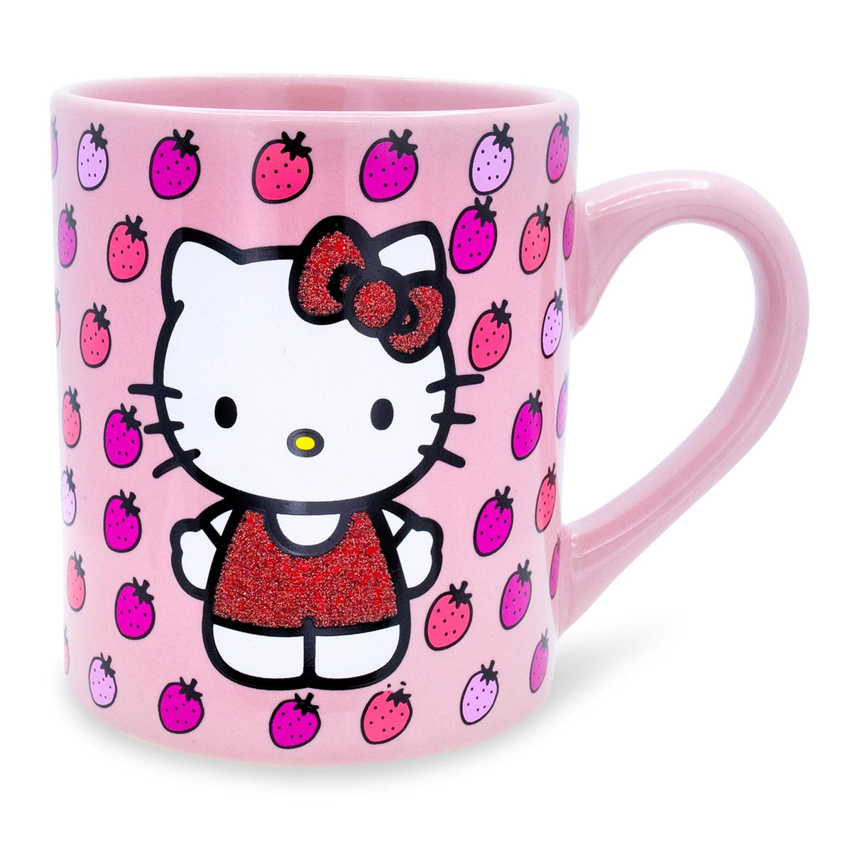 Silver Buffalo Hello Kitty mug with red glitter dress; ideal for daily coffee.