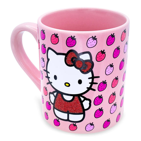 Silver Buffalo Hello Kitty mug close-up, vivid glitter detail for cheerful mornings.
