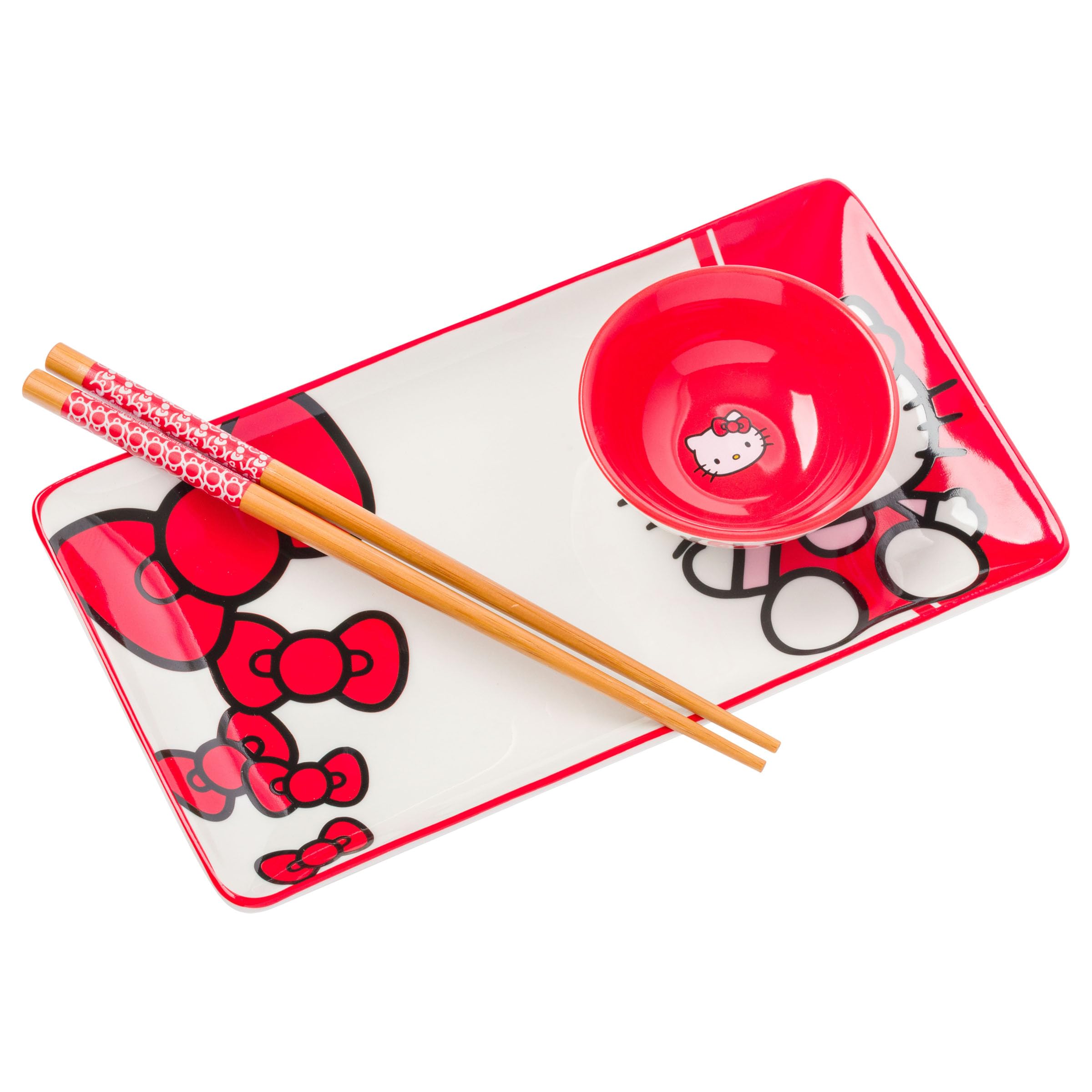 Silver Buffalo Hello Kitty sushi plate with bow, ideal for vibrant home dinners
