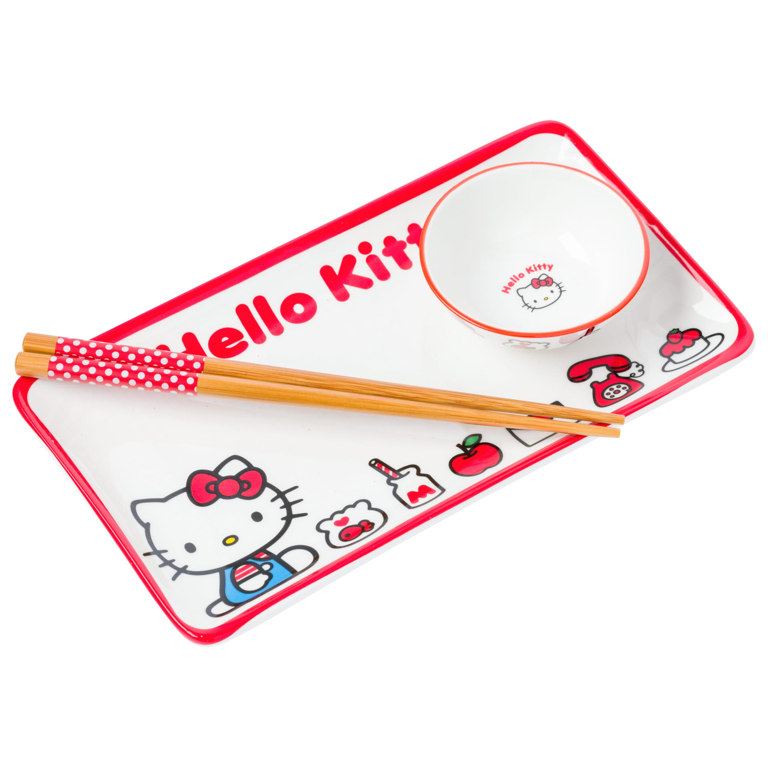Silver Buffalo Hello Kitty sushi plate featuring Hello Kitty and red accents, ideal for themed dinners.