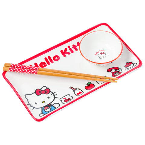 Silver Buffalo Hello Kitty sushi plate featuring Hello Kitty and red accents, ideal for themed dinners.