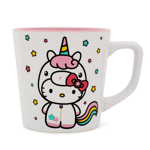 Silver Buffalo Hello Kitty Unicorn mug front view with pastel rainbow mane for cozy lattes.