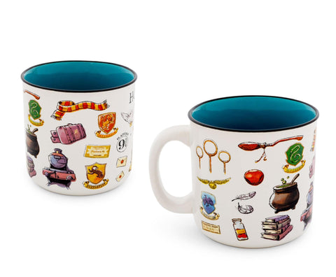 Silver Buffalo Hogwarts symbols mug highlighting Hogwarts houses and Quidditch for display.