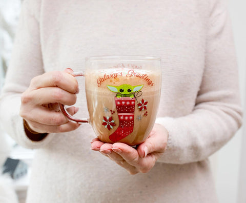 Silver Buffalo 14-ounce glass mug suitable for coffee, tea, or cocoa.