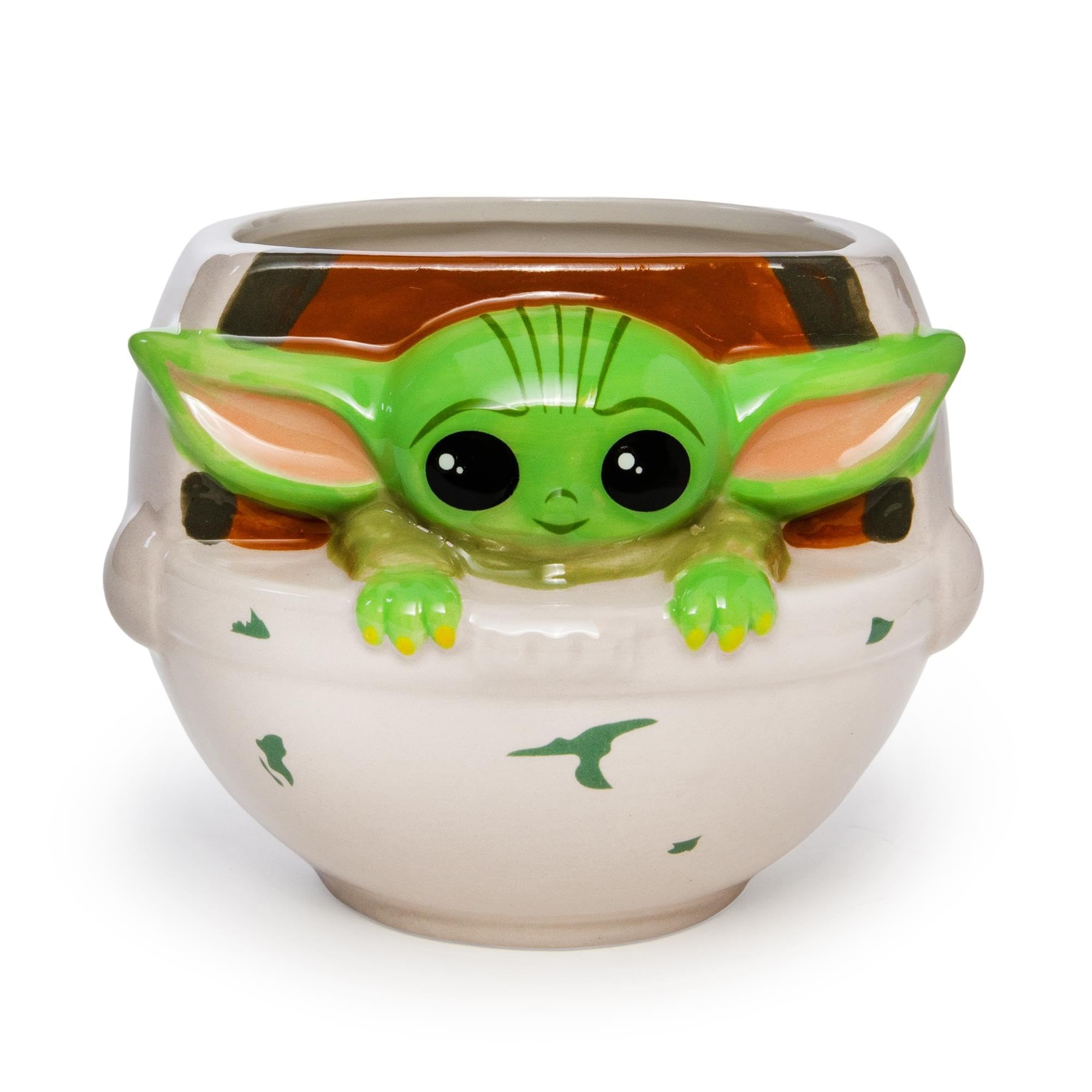 Silver Buffalo mug close-up of the 3D Baby Yoda face adds playful desk charm.