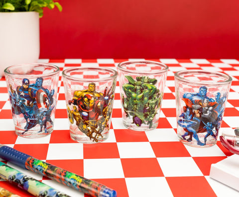 Silver Buffalo Marvel Avengers 4pc mini glass set shown together for group celebrations