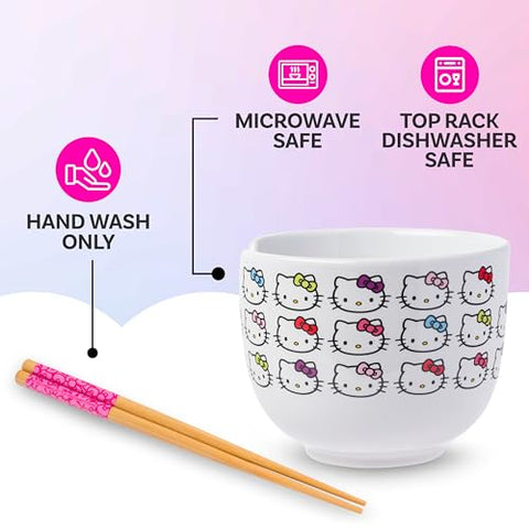 Silver Buffalo Hello Kitty face bowl with colored bows, wide-mouth design for easy filling