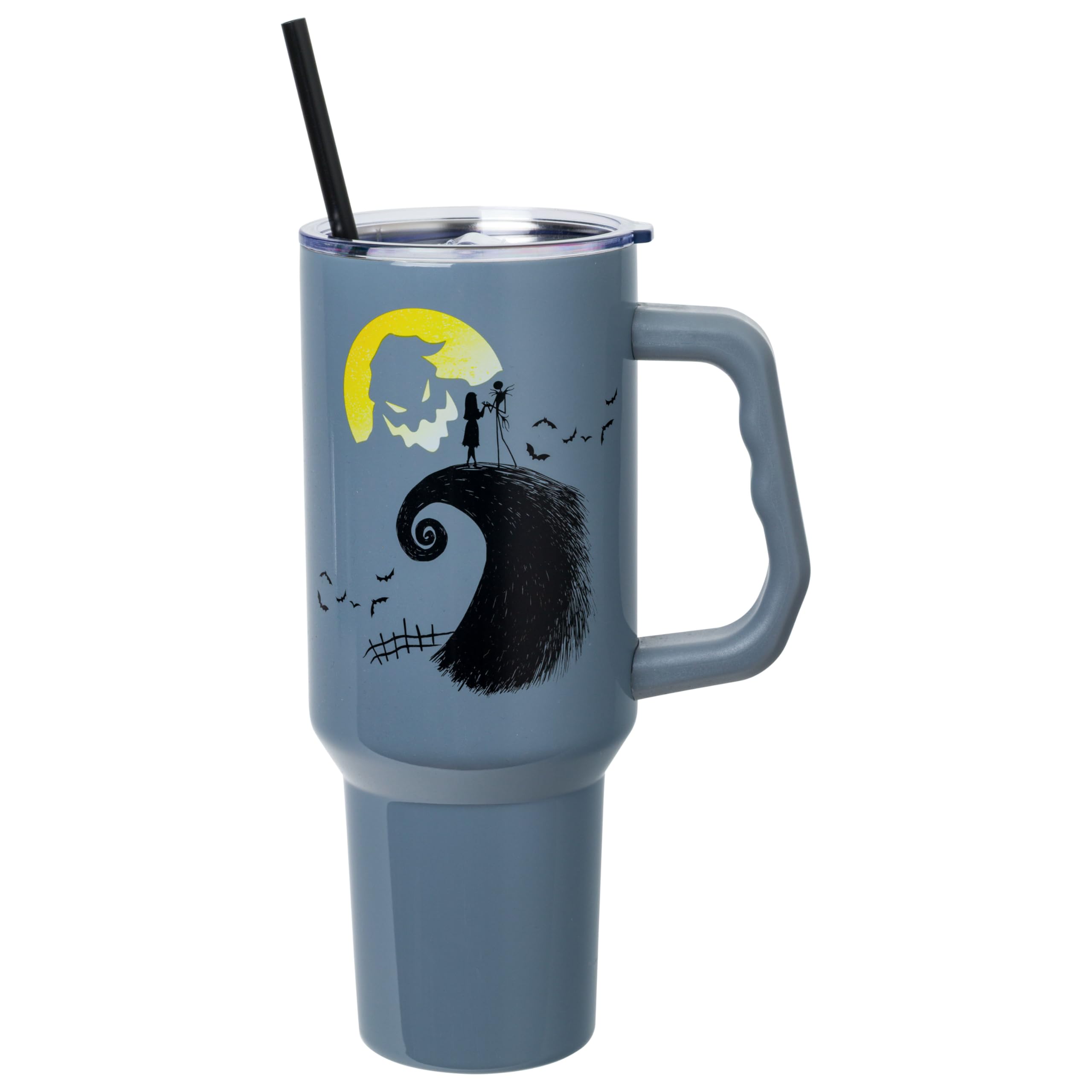 Silver Buffalo 40-ounce gray tumbler body with black straw; durable daily use.