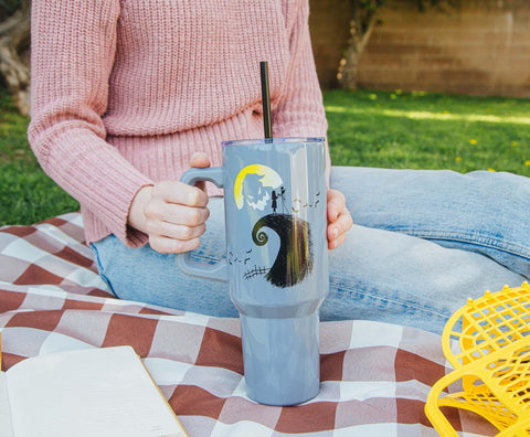 Nightmare Before Christmas Silver Buffalo tumbler for on-the-go sipping.