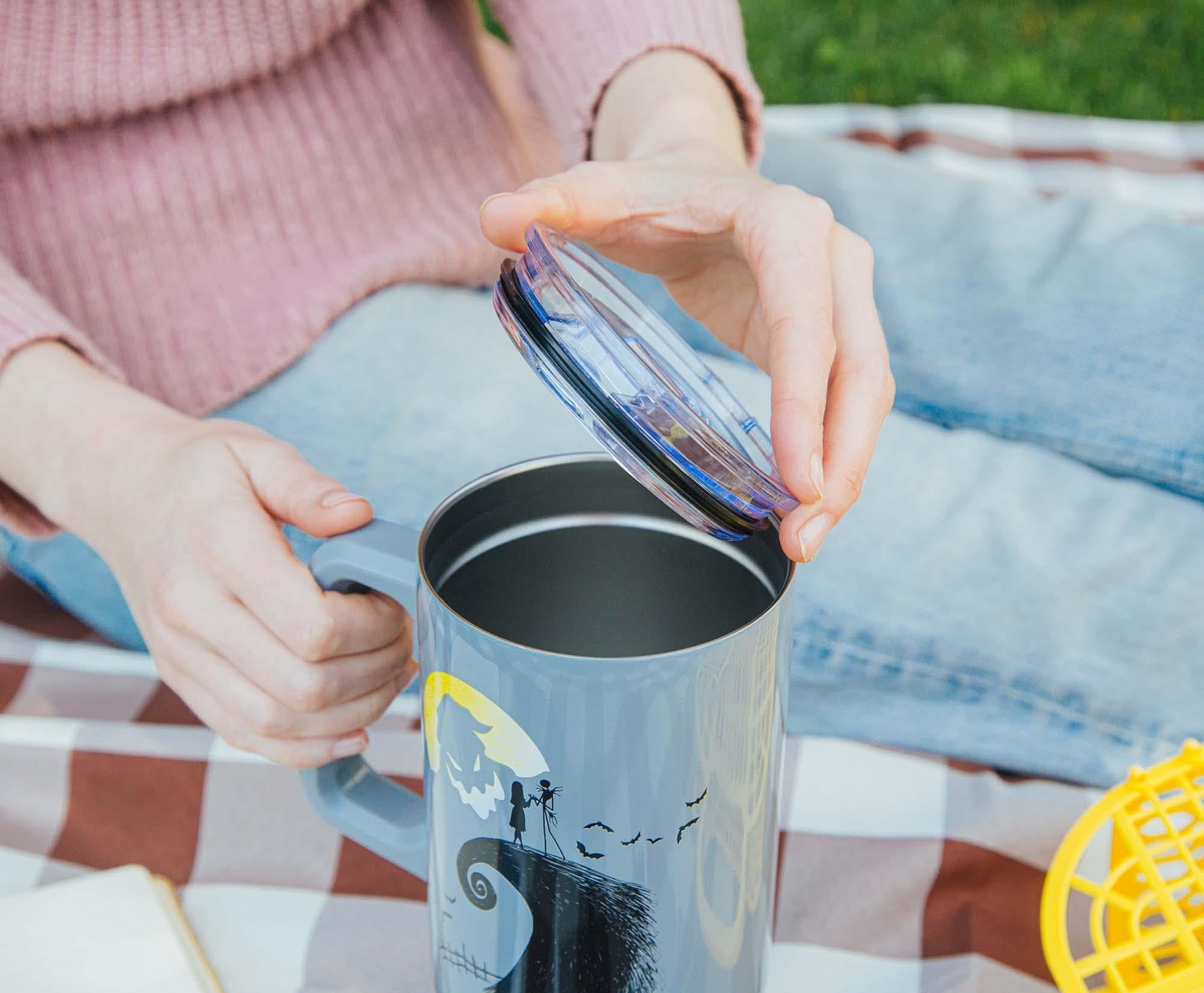 Gift-ready Silver Buffalo tumbler for Nightmare Before Christmas fans.