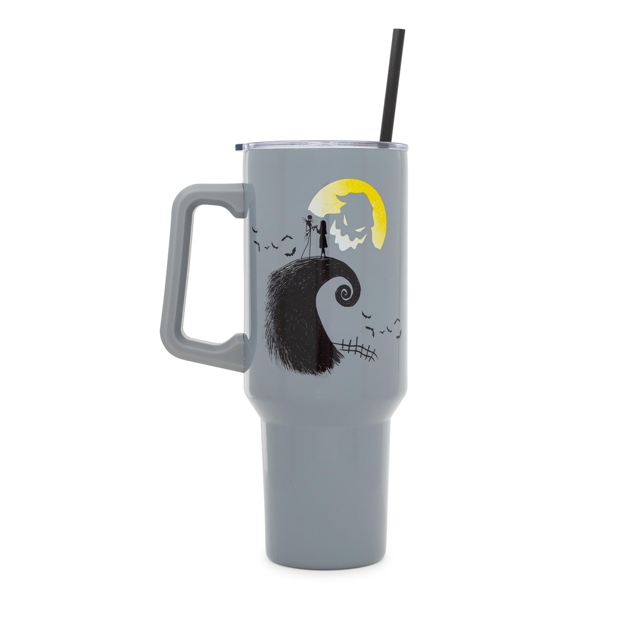 Silver Buffalo tumbler with Oogie Boogie moon; perfect for morning routines.