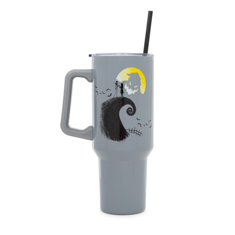 Silver Buffalo tumbler with Oogie Boogie moon; perfect for morning routines.