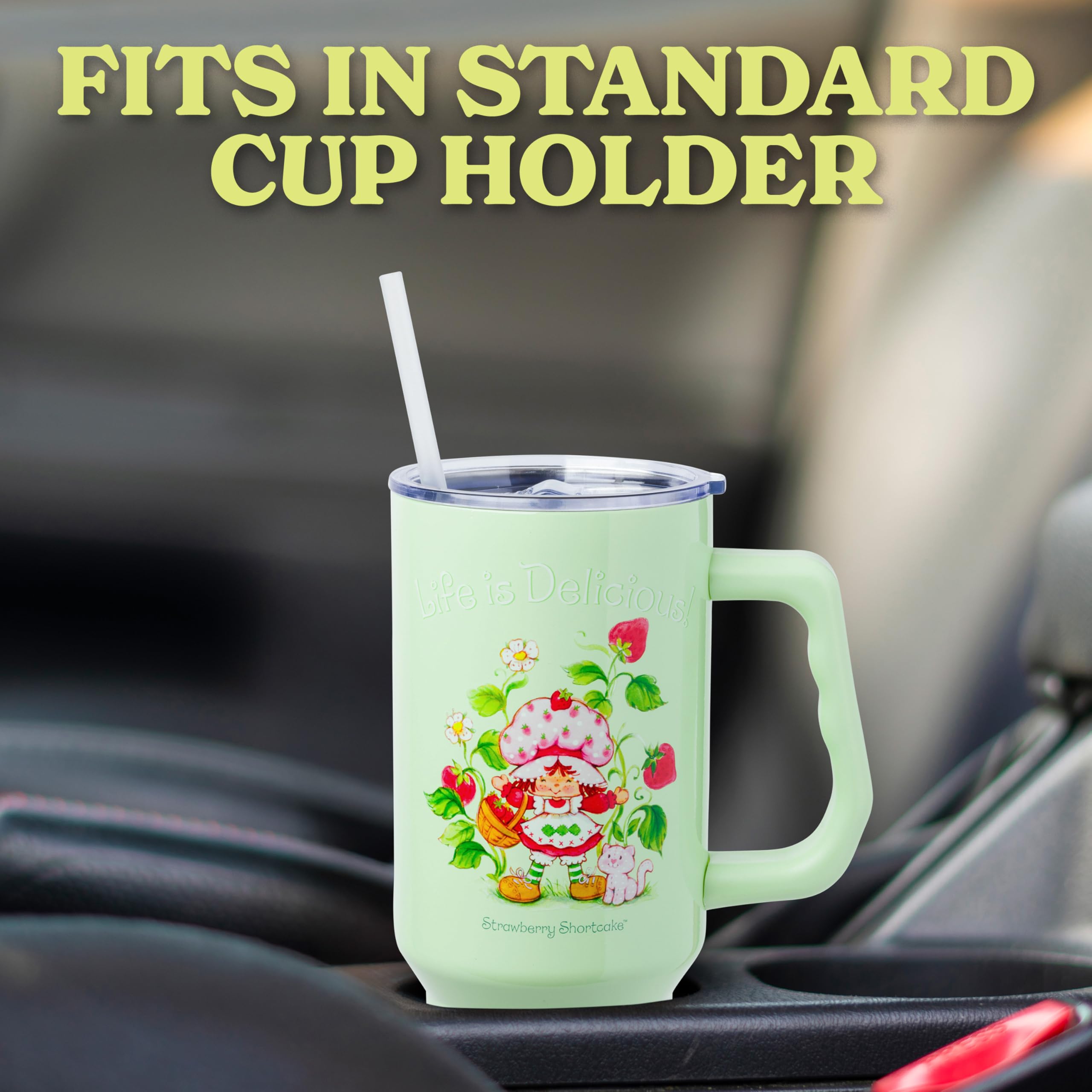 Nostalgic Strawberry Shortcake design on a high-capacity tumbler for daily use.
