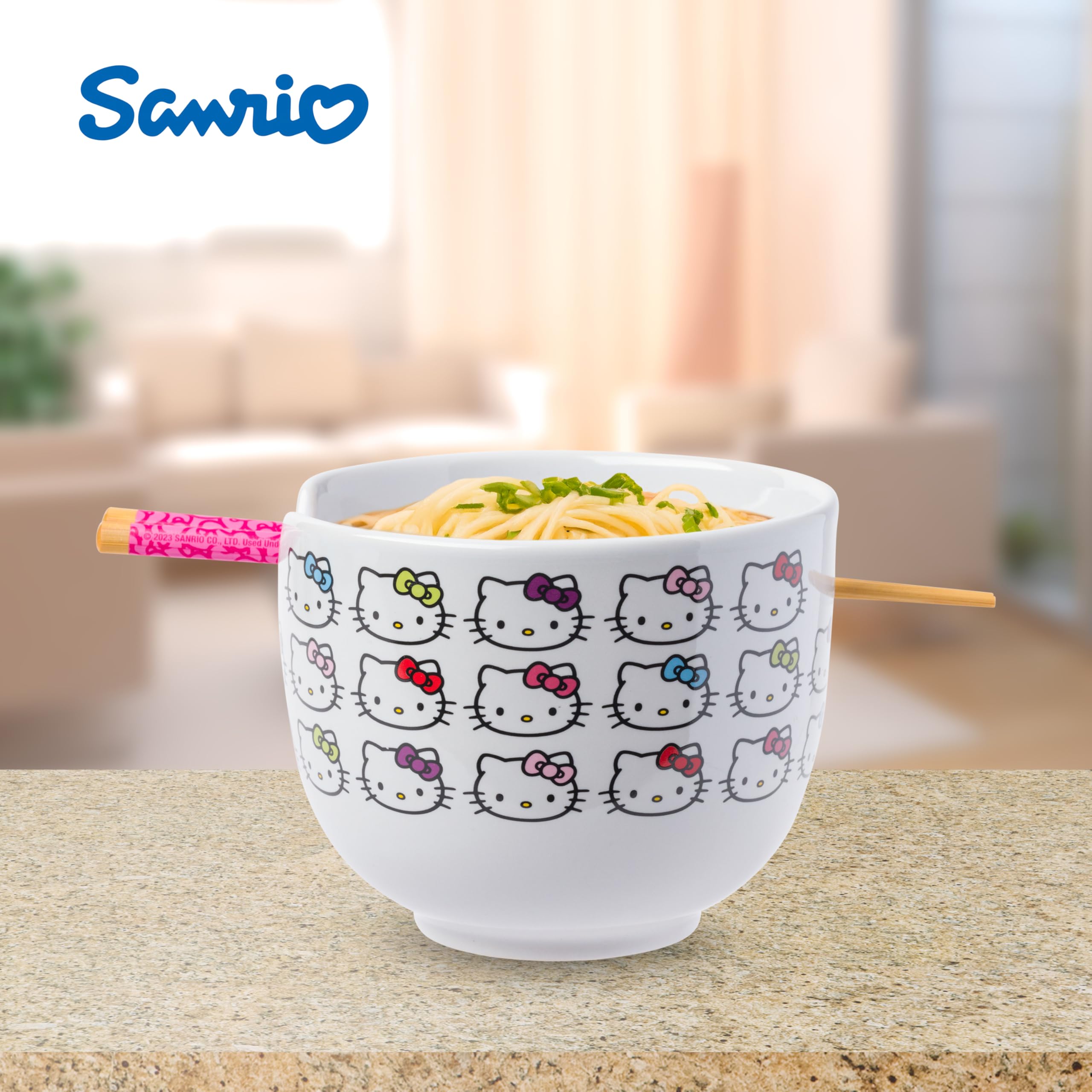 Silver Buffalo Hello Kitty bow pattern ceramic bowl, versatile for soup, cereal, or fruit