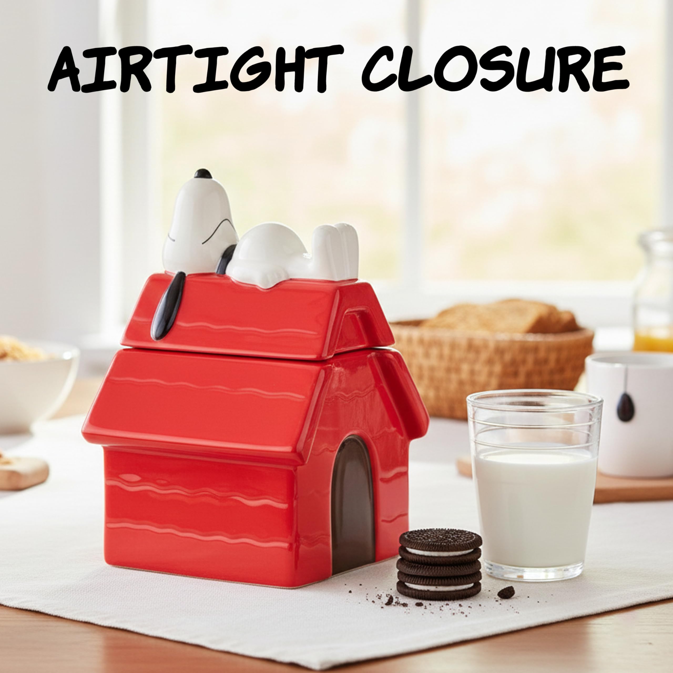 Silver Buffalo Peanuts cookie jar on countertop adds nostalgic style while storing treats.