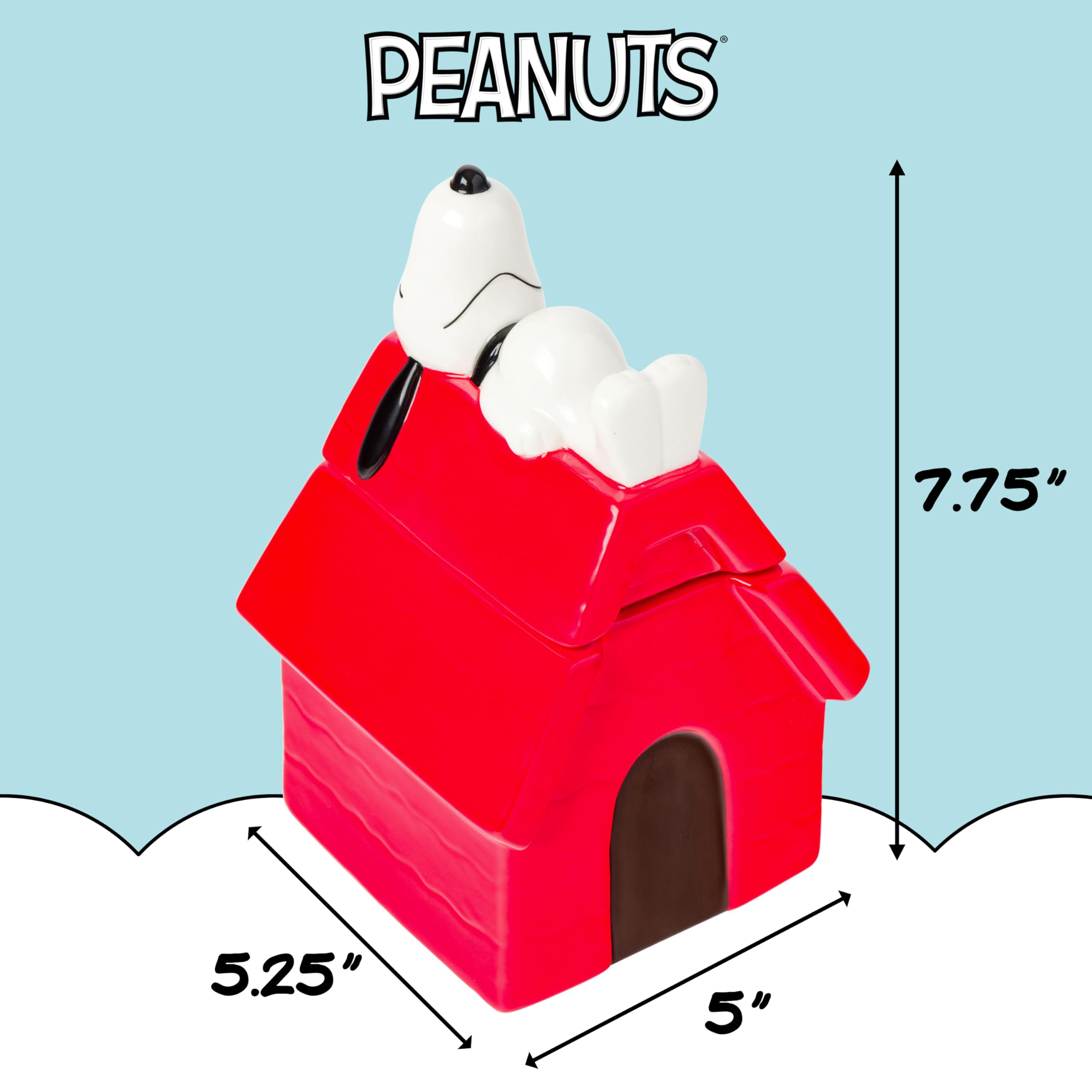 Silver Buffalo Snoopy on house ceramic jar close-up highlights playful décor and snack storage.