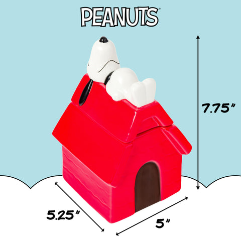 Silver Buffalo Snoopy on house ceramic jar close-up highlights playful décor and snack storage.