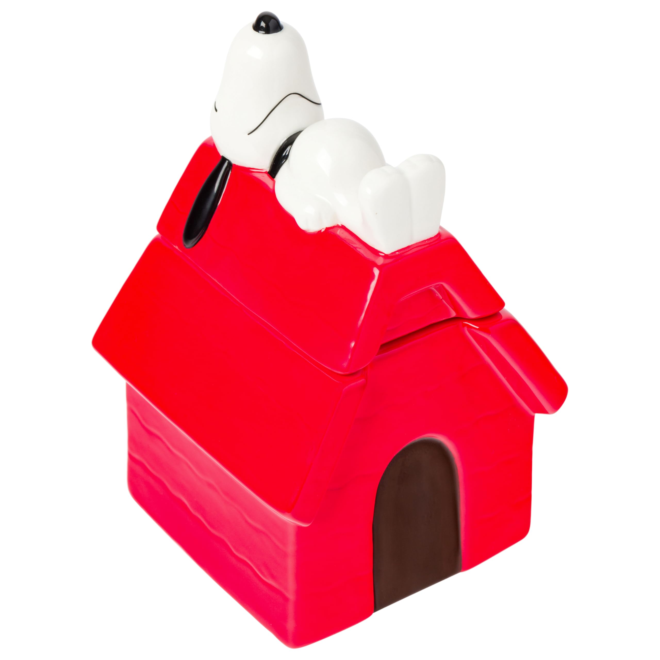 Silver Buffalo Peanuts cookie jar featuring Snoopy’s red house for nostalgic storage.
