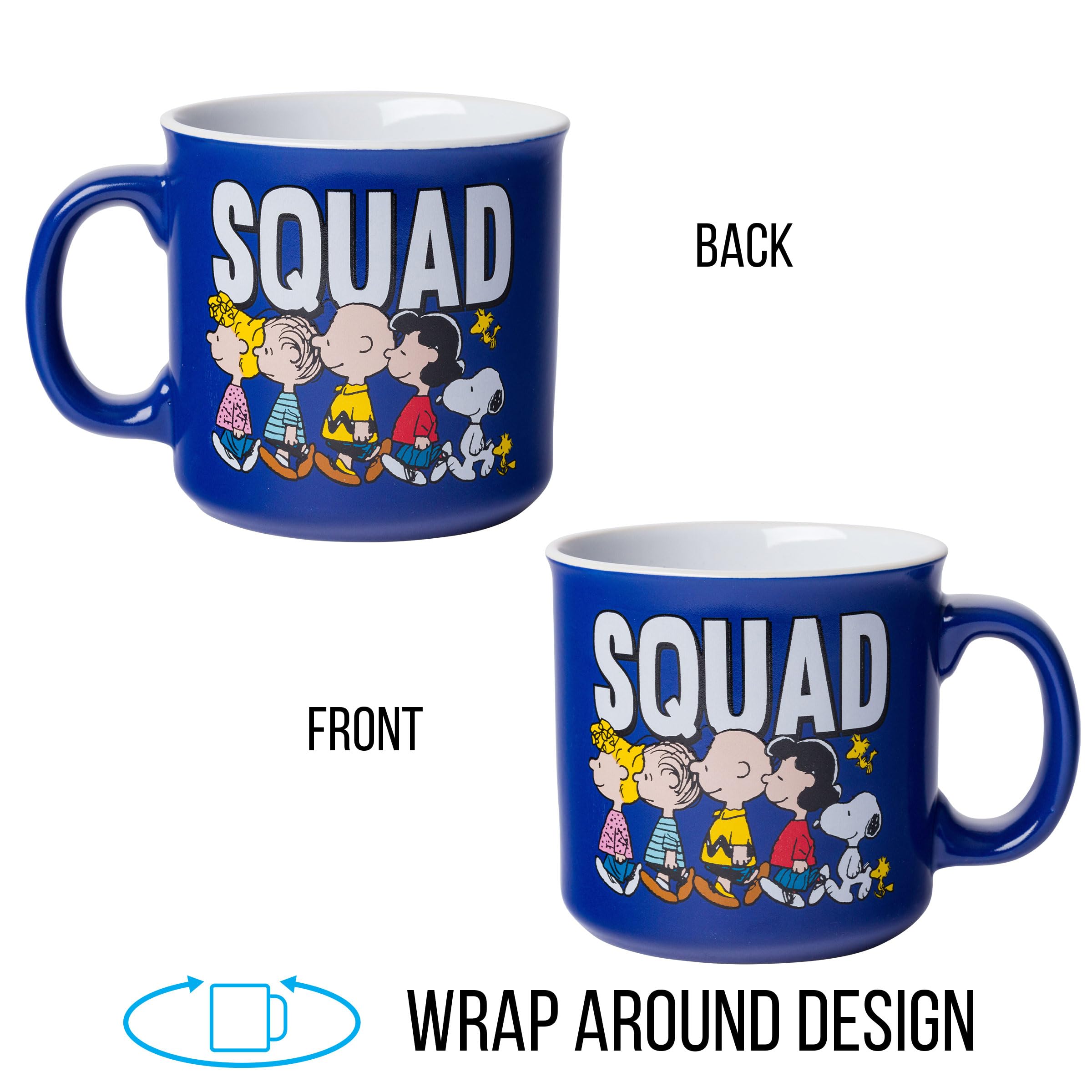 Silver Buffalo Peanuts Squad mug in kitchen setting, ideal for hot cocoa or coffee.