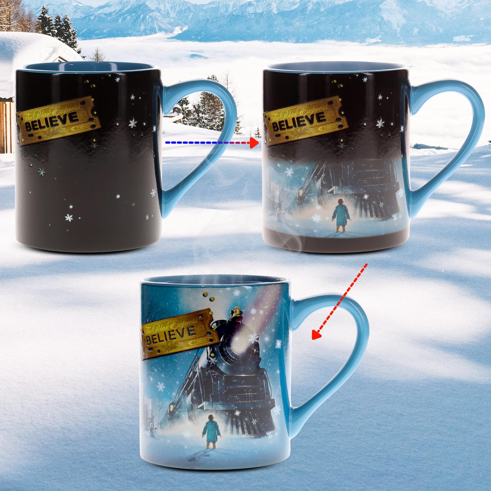 Silver Buffalo Polar Express heat reveal train image appears from the mug.