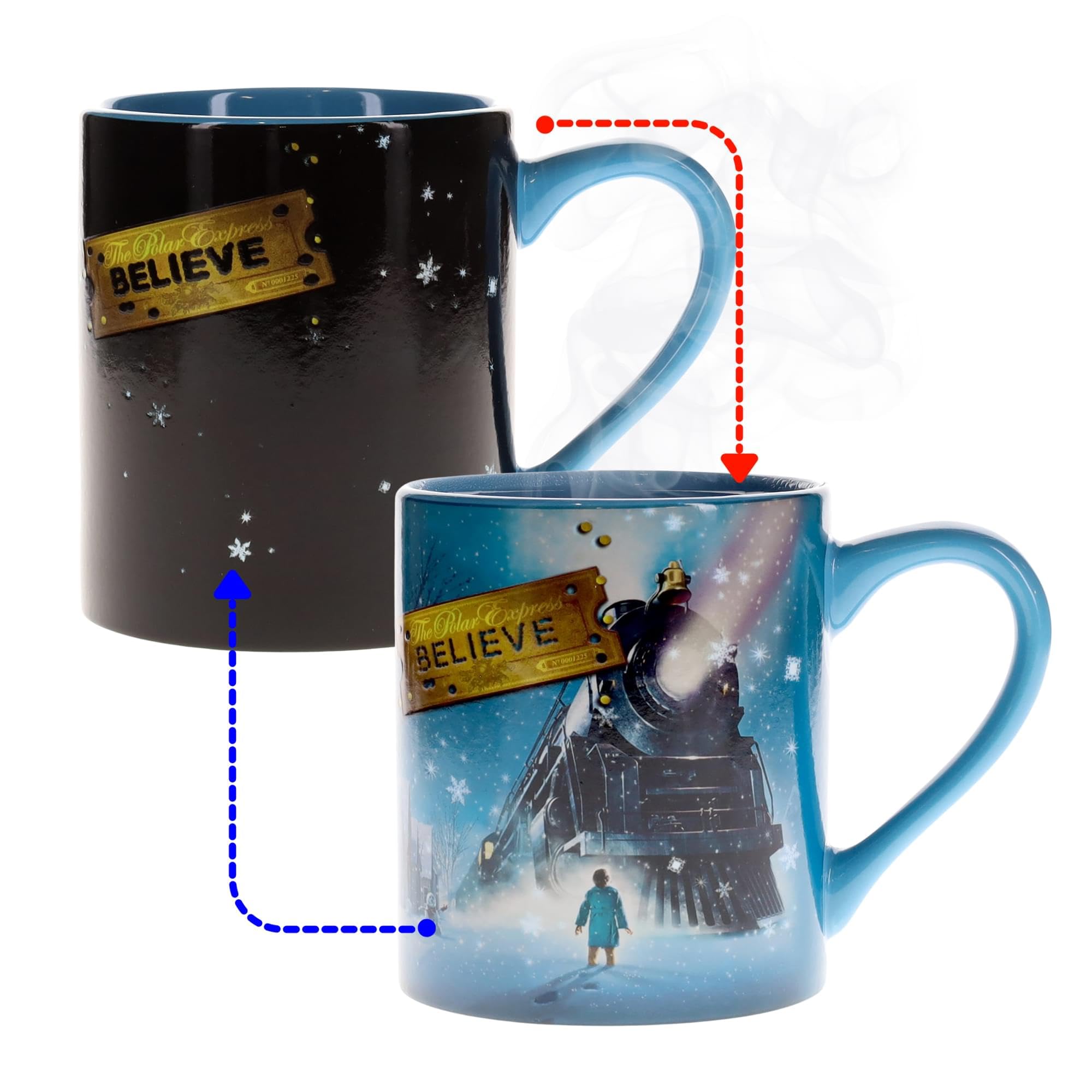 Silver Buffalo Polar Express snowflakes before heat on ceramic mug.